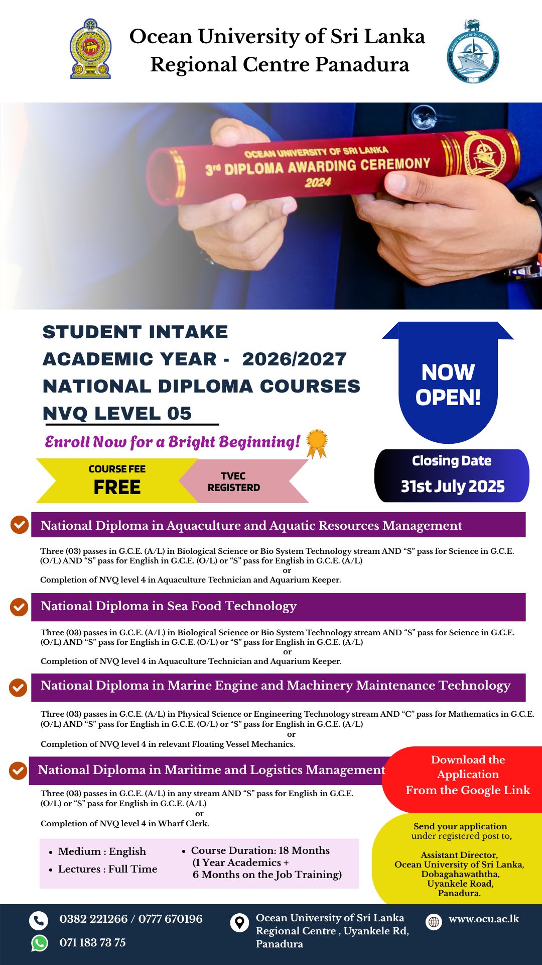 Ocean University NVQ 5 Courses 2025